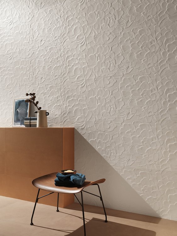 Room view , created with tiles from the collection: LUMINA SAND ART – White, Ocra, Beige