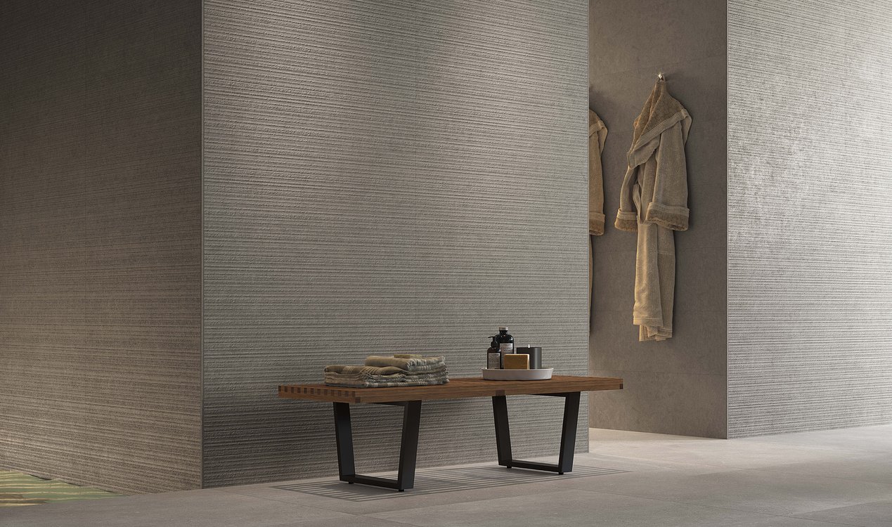 Image d'ambiance , réalisée avec des carreaux de la collection : LUMINA STONE – Gris