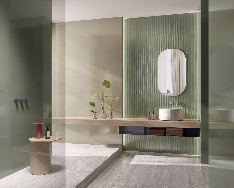 Room view , created with tiles from the collection: MATERIA – Green, Grey