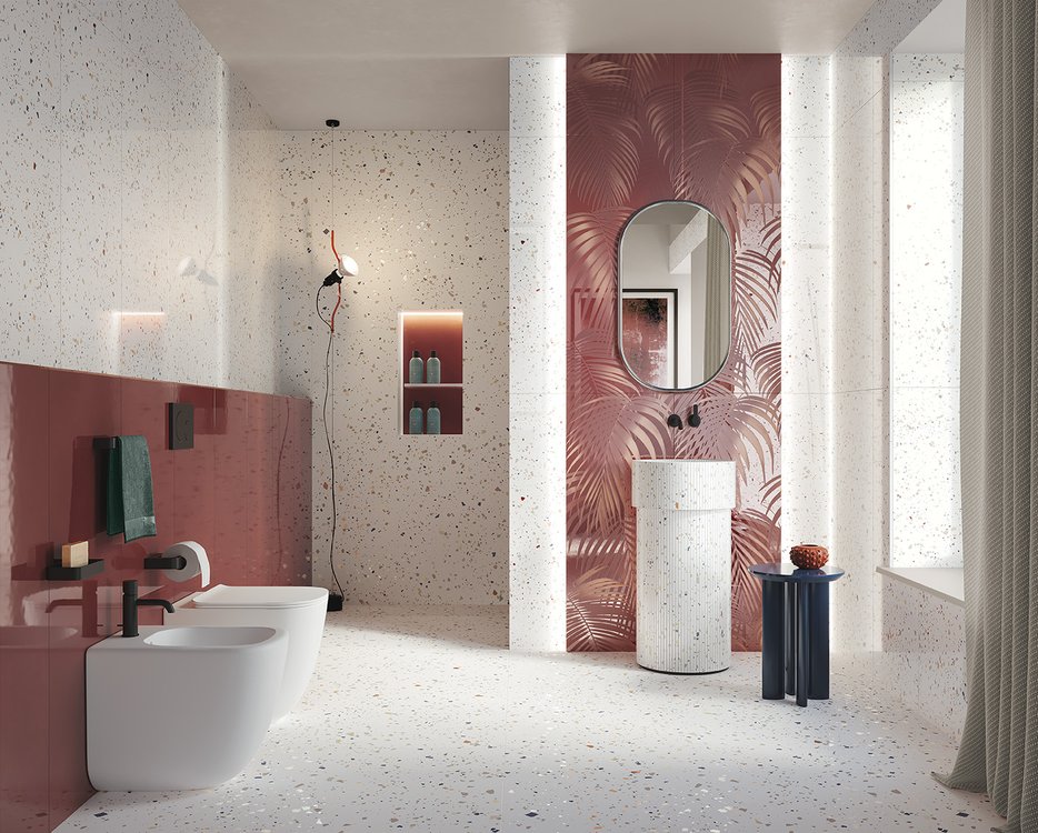 Room view Bathroom, created with tiles from the collection: MATERIA BRILLANTE – White, Red-Pink