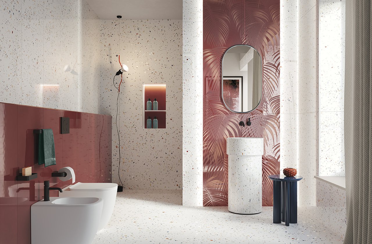 Room view Bathroom, created with tiles from the collection: MATERIA BRILLANTE – White, Red-Pink MATERIA BRILLANTE