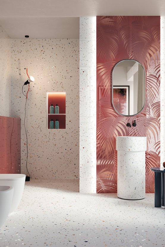 Image d'ambiance Salle de bain, réalisée avec des carreaux de la collection : MATERIA BRILLANTE – Blanc, Rouge-Rose MATERIA BRILLANTE