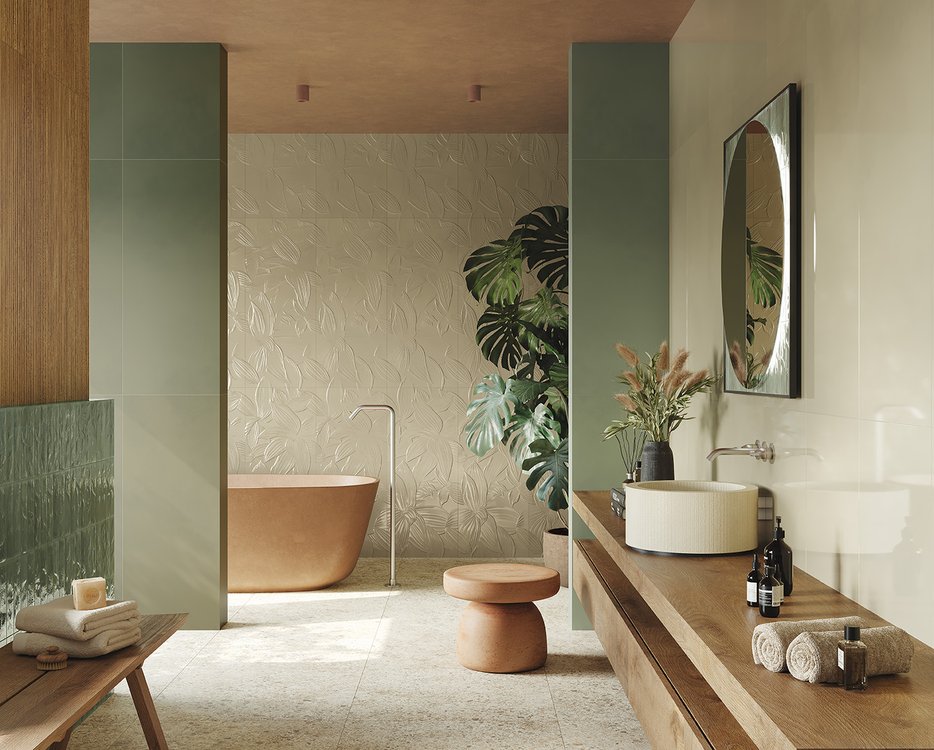 Room view Bathroom, created with tiles from the collection: MATERIA BRILLANTE – Green, Brown, Beige