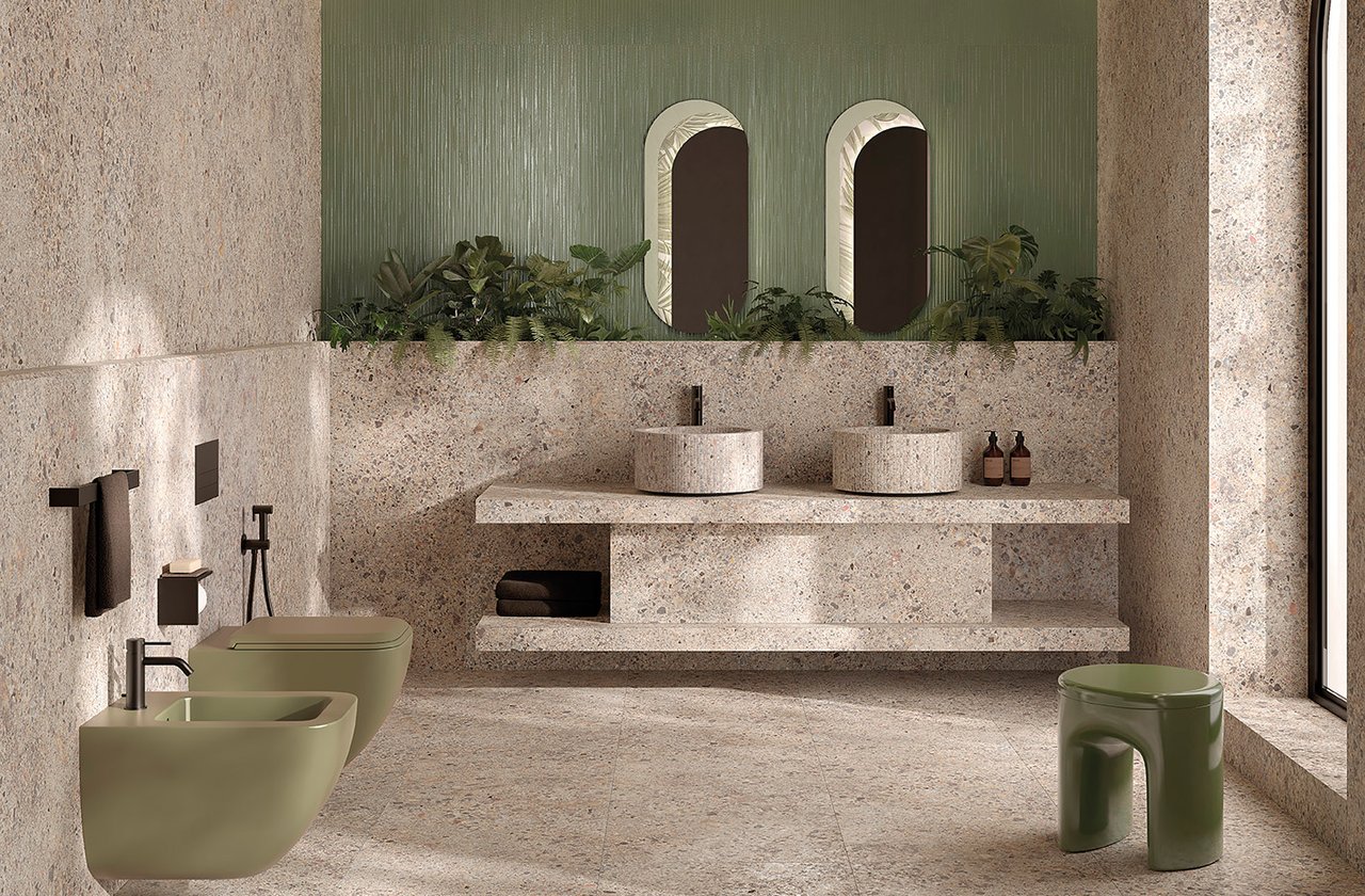 Room view Bathroom, created with tiles from the collection: MATERIA ECLETTICA – Grey, Green MATERIA ECLETTICA