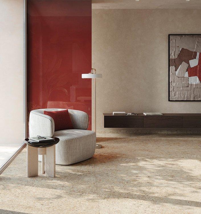 Room view , created with tiles from the collection: MATERIA – Red-Pink, Beige