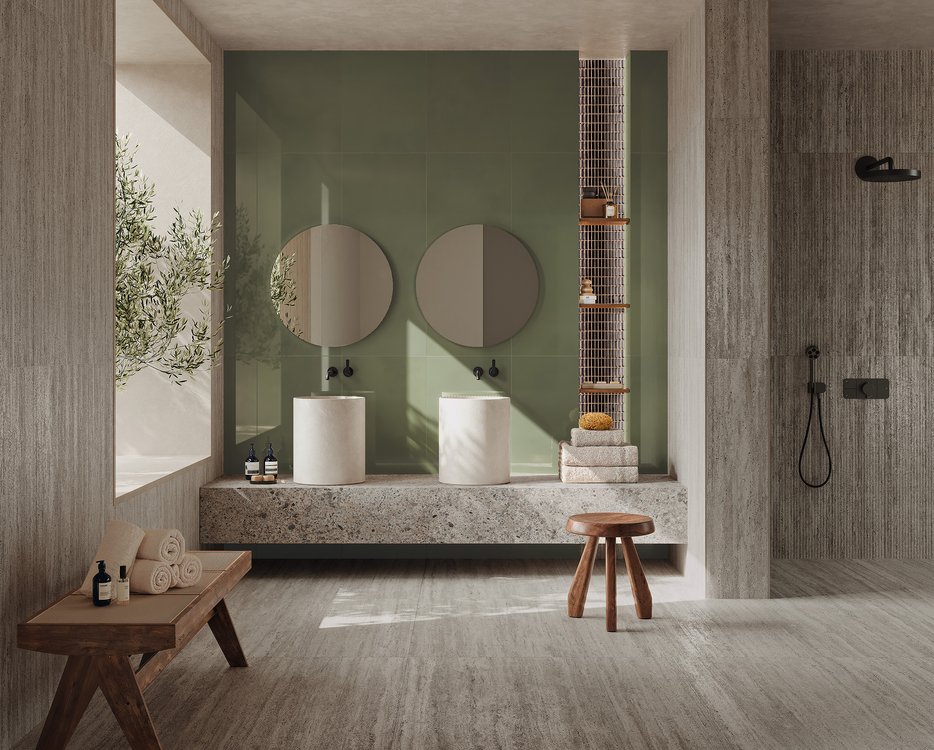 Room view Bathroom, created with tiles from the collection: MATERIA BRILLANTE – Grey, Green