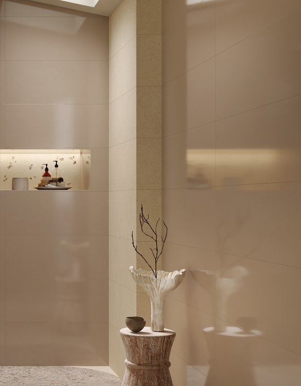 Room view , created with tiles from the collection: MATERIA PURA 30,5x91,5 – Grey, Beige