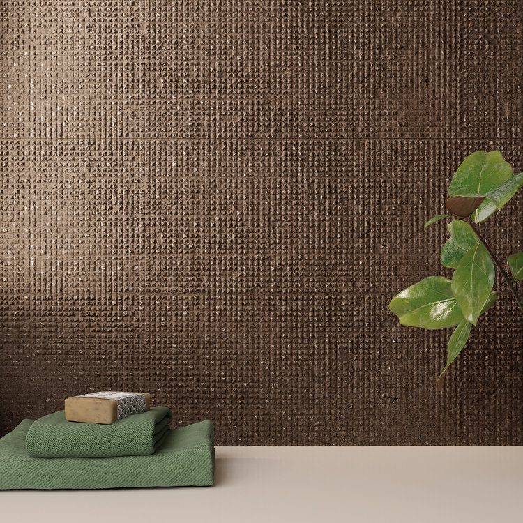 Room view Bathroom, created with tiles from the collection: MATERIA PURA 30,5x91,5 – Brown