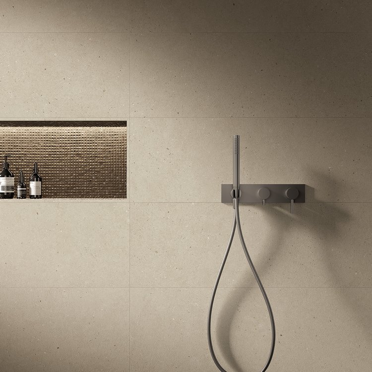 Room view , created with tiles from the collection: MATERIA PURA – Brown, Grey