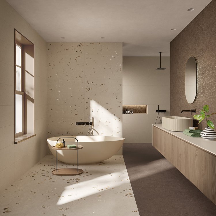 Room view , created with tiles from the collection: MATERIA – Brown, Grey