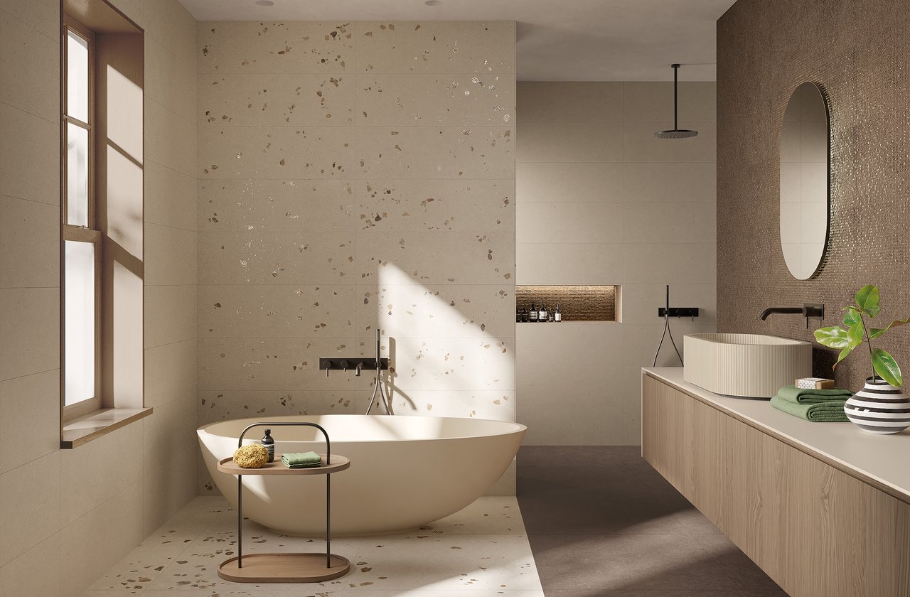 Room view Bathroom, created with tiles from the collection: MATERIA PURA wall tiles 30,5x91,5 – Grey, Brown MATERIA PURA wall tiles 30,5x91,5