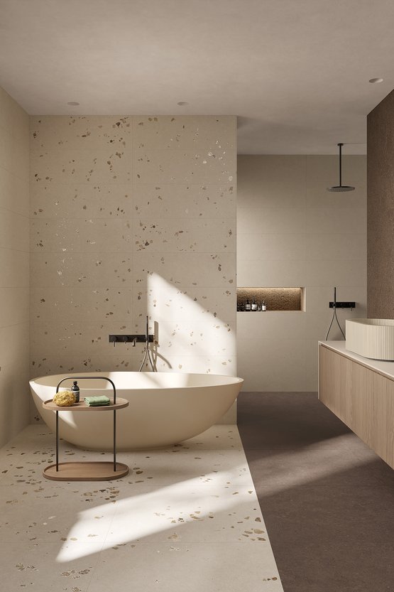 Image d'ambiance Salle de bain, réalisée avec des carreaux de la collection : MATERIA PURA wall tiles 30,5x91,5 – Gris, Marron MATERIA PURA wall tiles 30,5x91,5