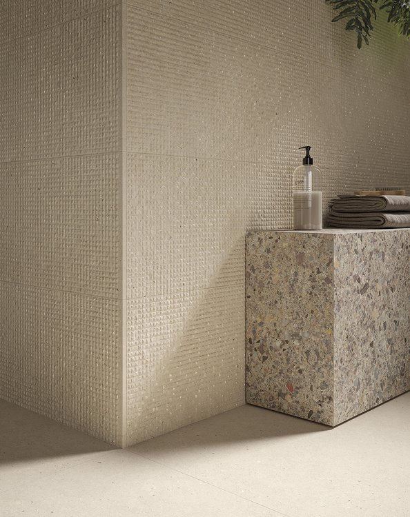 Room view , created with tiles from the collection: MATERIA – Grey, Beige