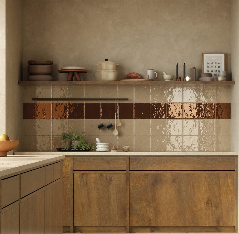 Room view , created with tiles from the collection: MATERIA PURA porcelain tiles – Red-Pink, Beige