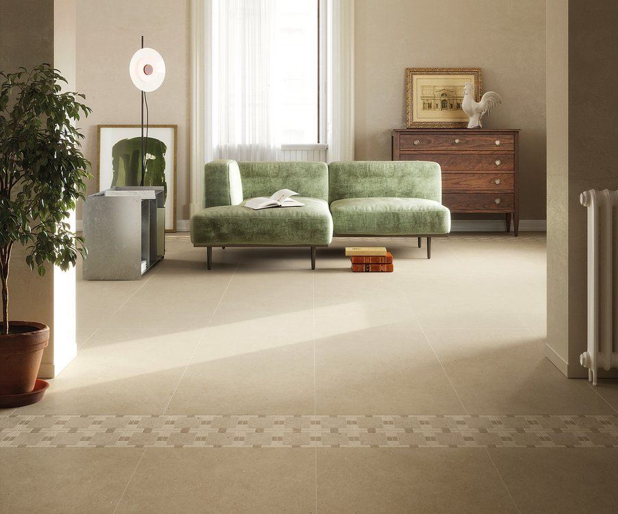 Raumabbildung Hous, gestaltet mit Fliesen aus der Kollektion: MATERIA PURA porcelain tiles – BEIGE