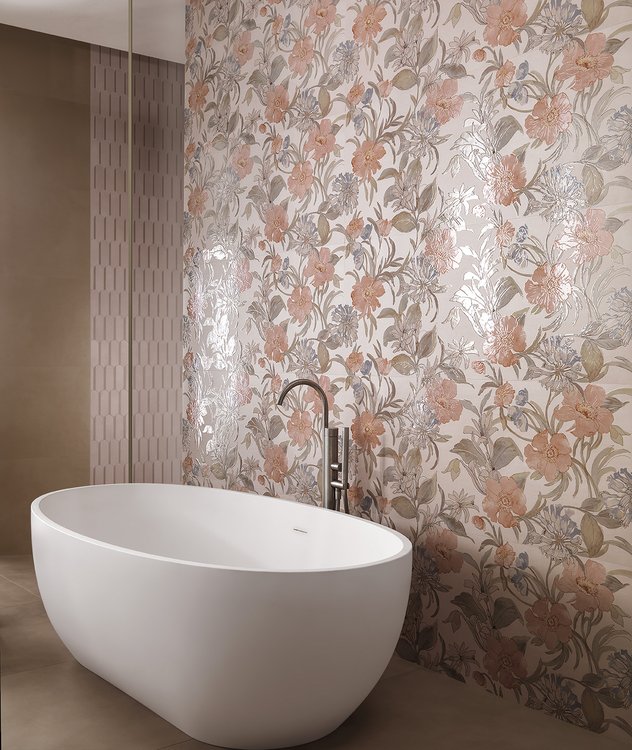 Image d'ambiance , réalisée avec des carreaux de la collection : MILANO MOOD – Rouge-Rose, Beige