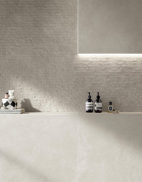 Room view Bathroom, created with tiles from the collection: NOBU – White, Beige