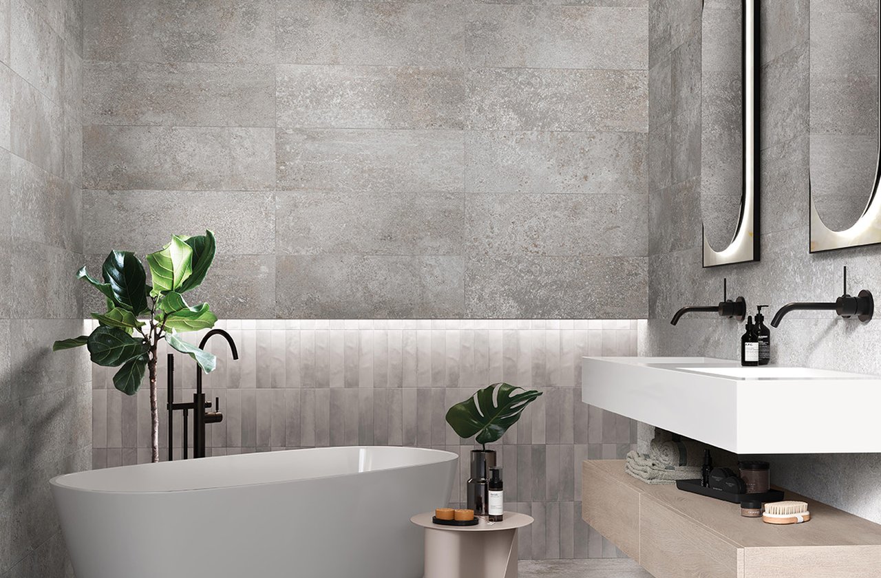 Room view Bathroom, created with tiles from the collection: OXIDE – Grey OXIDE