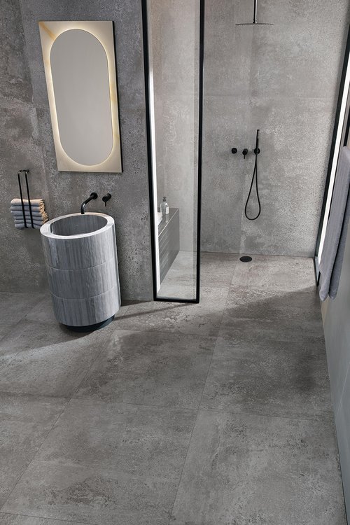 Image d'ambiance , réalisée avec des carreaux de la collection : OXIDE – Gris