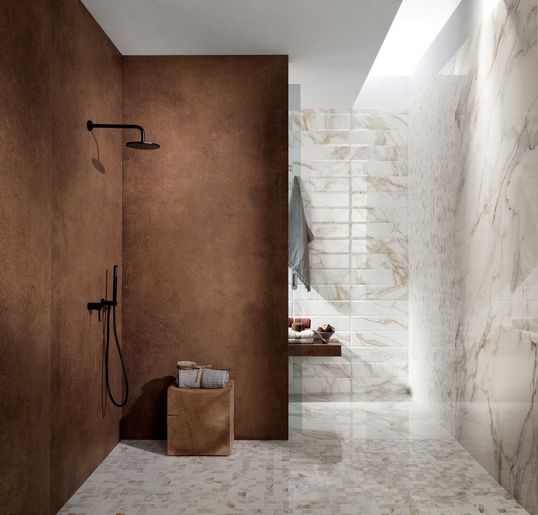 Room view Bathroom, created with tiles from the collection: ROMA GOLD – White, Brown