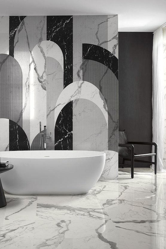 Image d'ambiance Salle de bain, réalisée avec des carreaux de la collection : ROMA GOLD – Noir, Blanc ROMA GOLD