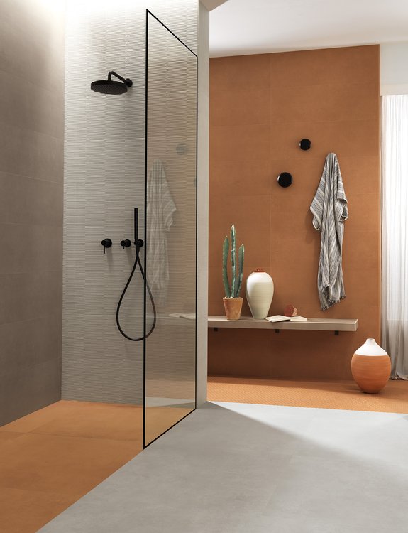 Imagen de ambiente , realizada con baldosas de la colección: SUMMER – BROWN, Ocra, GRIS