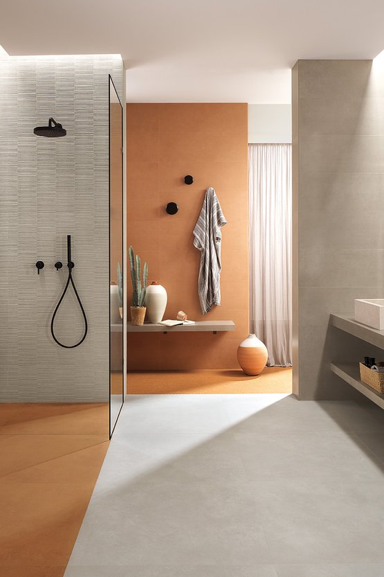 Image d'ambiance Salle de bain, réalisée avec des carreaux de la collection : SUMMER – Gris, Ocra, Marron SUMMER