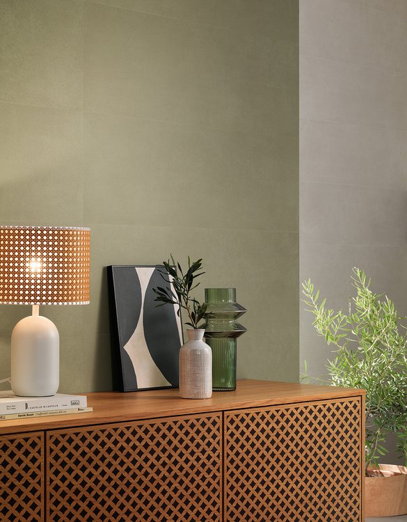 Raumabbildung , gestaltet mit Fliesen aus der Kollektion: SUMMER – Grün, GRAU