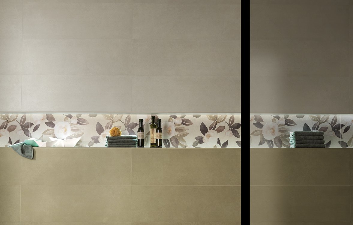 Image d'ambiance , réalisée avec des carreaux de la collection : SUMMER – Vert, Gris