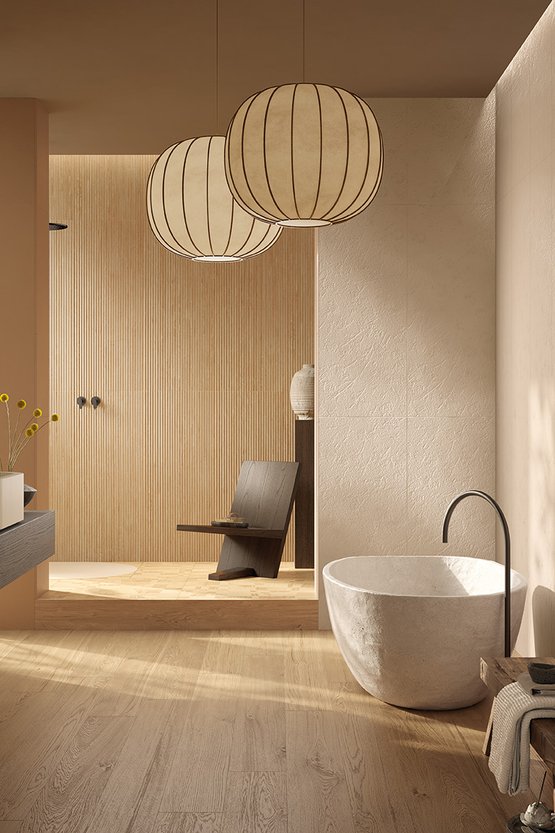 Image d'ambiance Salle de bain, réalisée avec des carreaux de la collection : TRUE COLOR – AUTRES, Gris, Marron, Beige TRUE COLOR