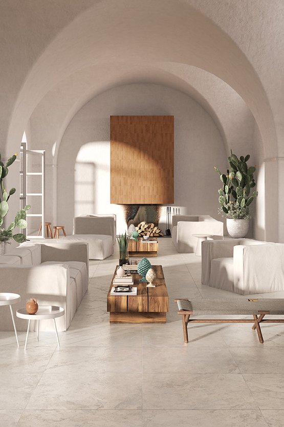 Image d'ambiance Maison, réalisée avec des carreaux de la collection : VENTO DEL SUD – Marron, Blanc VENTO DEL SUD