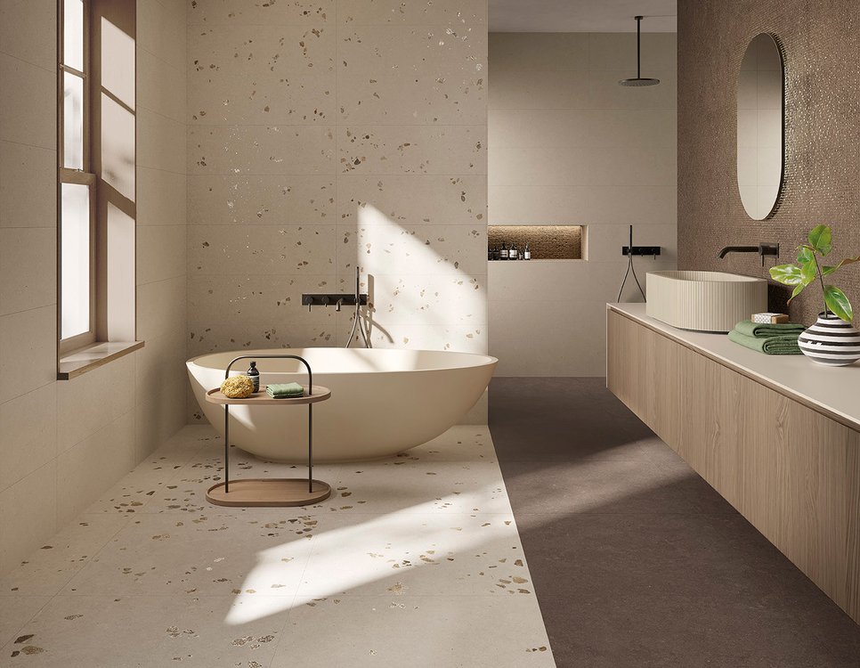 Room view Bathroom, created with tiles from the collection: MATERIA PURA – Brown, Grey