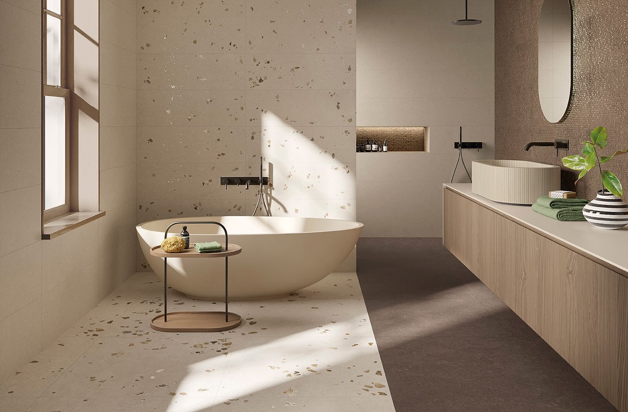 Room view Bathroom, created with tiles from the collection: MATERIA PURA – Brown, Grey MATERIA PURA