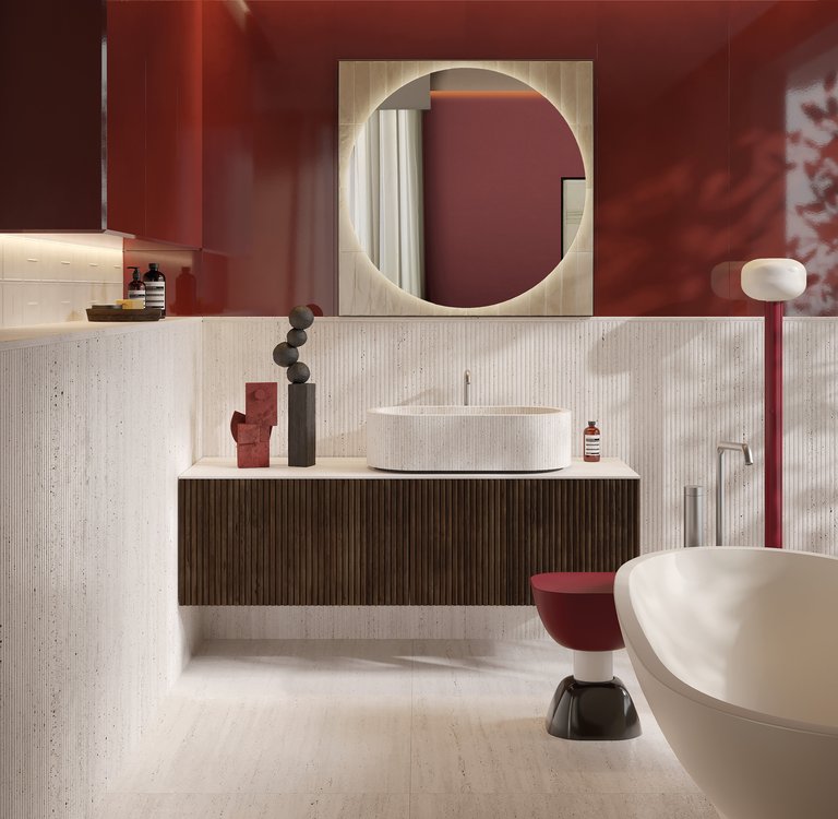 Room view , created with tiles from the collection: MATERIA – Red-Pink, White