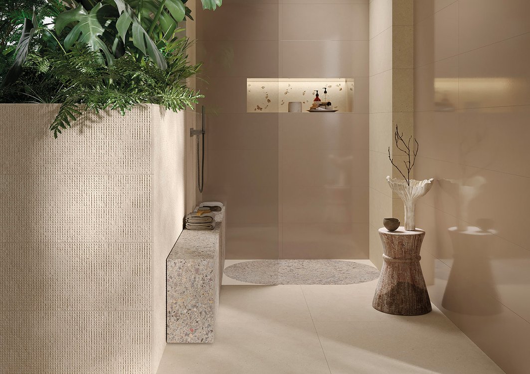 Room view Bathroom, created with tiles from the collection: MATERIA PURA – Grey, Beige